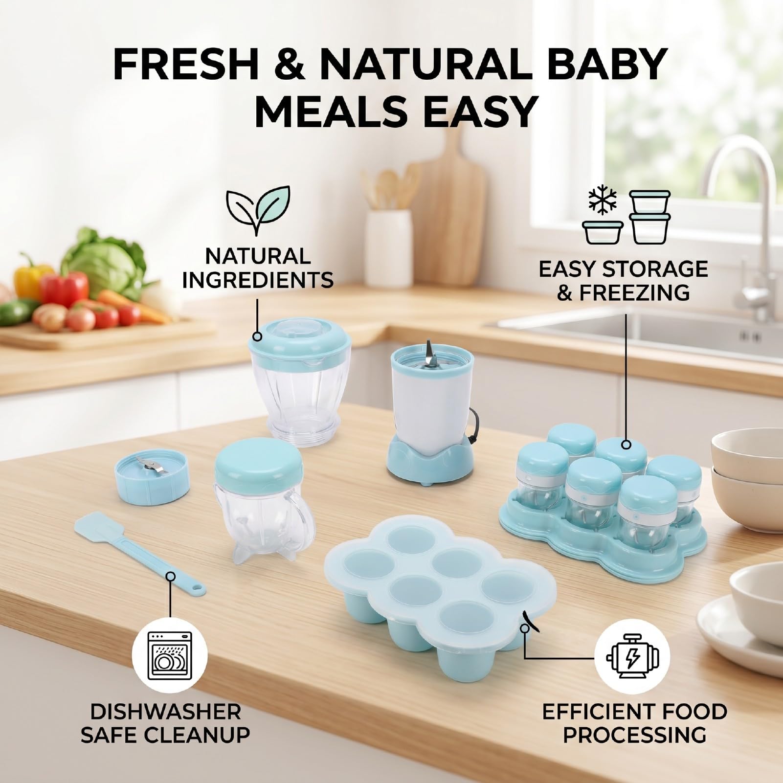 Fockety Robot de Cocina para Bebés, Procesador Multifunción de 200 W con Recipiente para Alimentos y Cuchillas de Acero, Batidora para Purés de Frutas, Verduras y Carnes (Azul Claro) (Enchufe de la