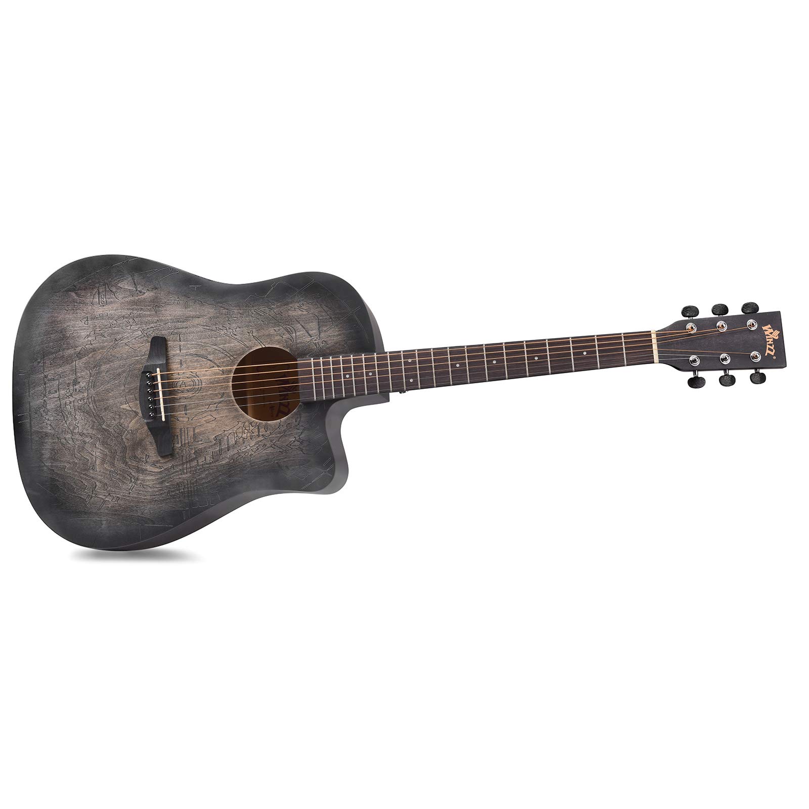 WINZZ 41 Inches Cutaway Carved Acoustic Guitar Beginner Starter Bundle with Online Lessons, Padded Bag, Stand, Tuner, Pickup, Strap, Picks