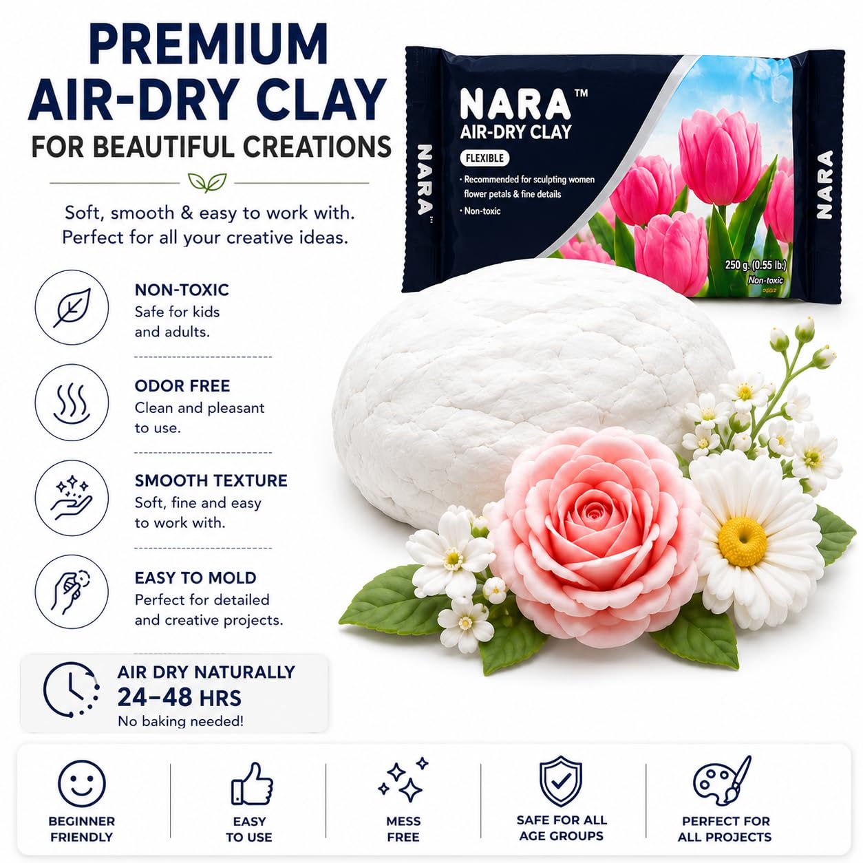 NARA Air-Dry Clay Flexible 250g White Modelling Clay, No Oven or Kiln Needed, Fast Drying Clay for Art, Craft, Sculpting, DIY & Painting Projects 1