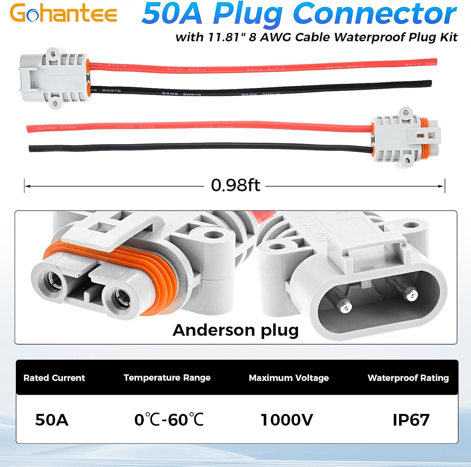 50A Battery Quick Connector Waterproof，8 Guage Cable Plug Connector kit Disconnect Replacement for Anderson Jumper Cable Plug Connector for Cable Connection in Car, RV, Truck Outdoor