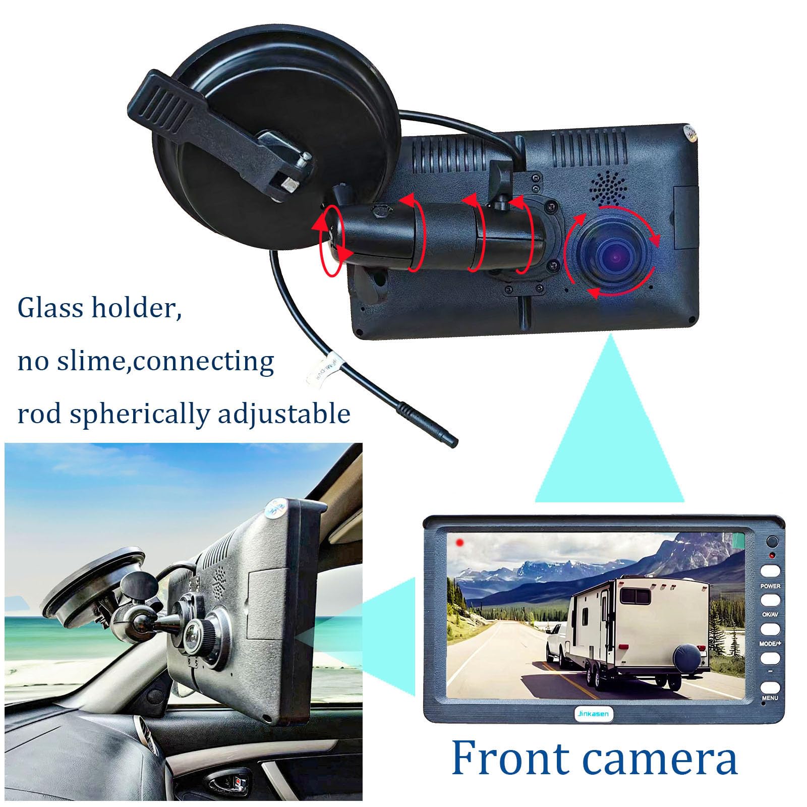 JINKASEN 7 inch Car Front and Rear Dual Channel Monitor, Car Recorder, Reversing Camera, HD 1080p IR LED Camera, DC12v-24v Universal