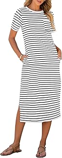 Womens Summer Casual Midi Dress Short Sleeve Crewneck T Shirt Long Dresses Split Stripe Beach Vacation Travel Outfit - Buy now