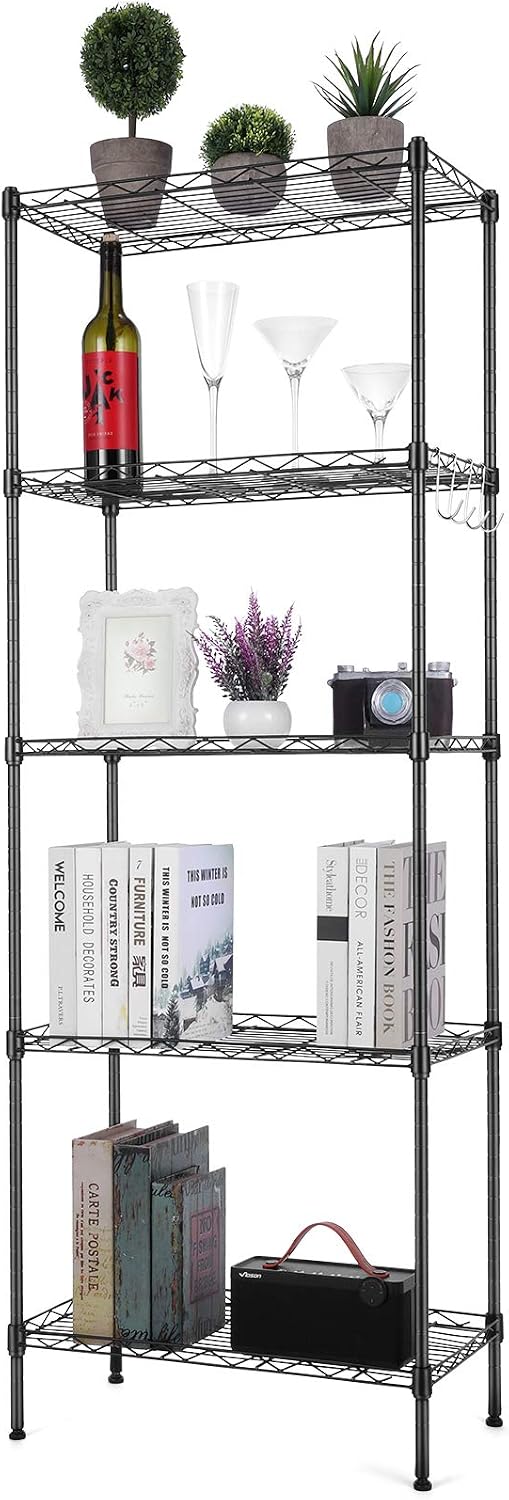 Likein 5-Tier Wire Shelving Unit, Heavy Duty Adjustable Metal Shelves, Storage Rack Organizer with 4 Hooks and Leveling Feet for Kitchen Garage Bathroom Pantry Living Room, Black