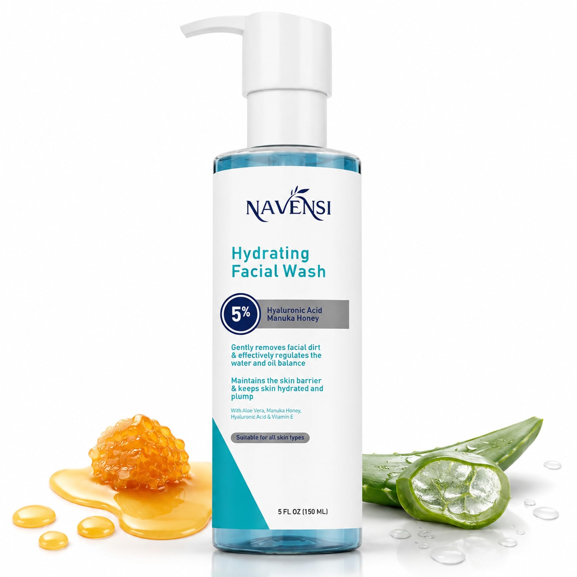 Navensi Hydrating Facial Wash 150ml | Gentle Hydrating Face Cleanser With Hyaluronic Acid, Aloe Vera, Vitamin E & Manuka Honey | Moisturizing Face