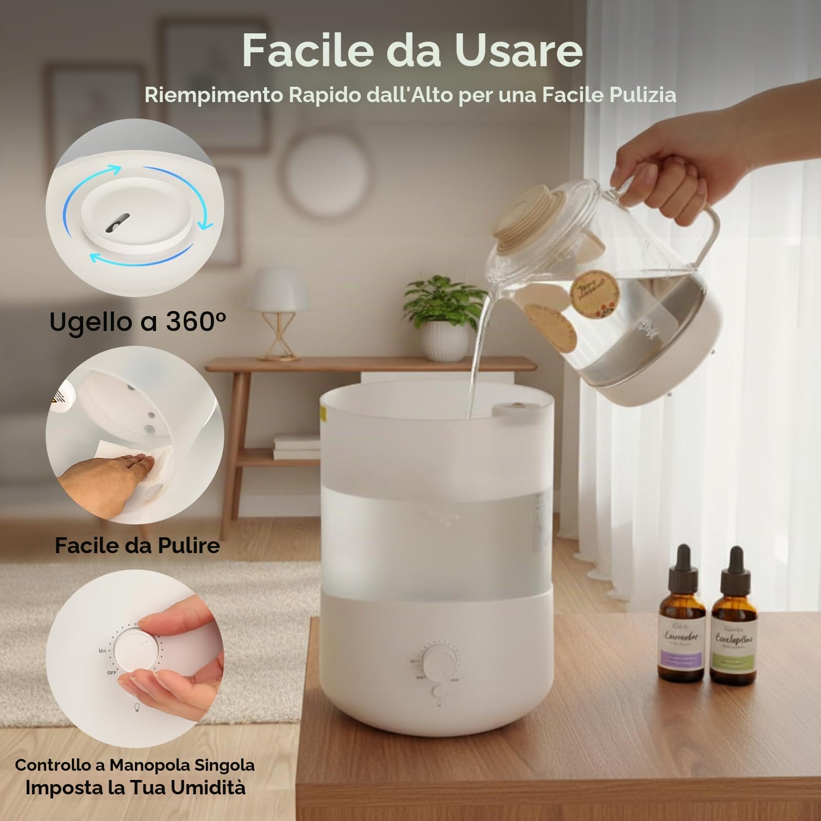 Romon Umidificatore Ambiente 2.5L Bianco, fino a 28 Ore, Diffusore di Oli Essenziali, Umidificatores Ambiente per Aromaterapia, Spegnimento Automatico, Top Fill, Ugello a 360° per Piante Soggiorno | Diffusore di Oli Essenziali, Fino a 28 Ore, Top Fill, Ug