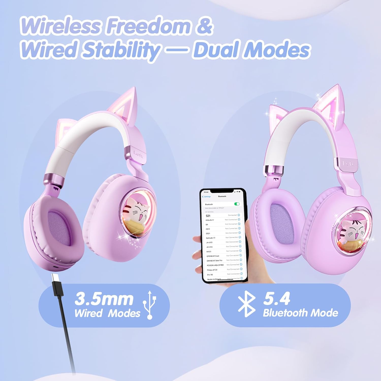 esonstyle Cat Ear Headphones for Kids - Bluetooth 5.4 On-Ear Noise Cancelling Headphones with Microphone 85dB Safe Volume Limit Wireless or 3.5mm Wired Mode USB C for School Learning Travel (Purple)