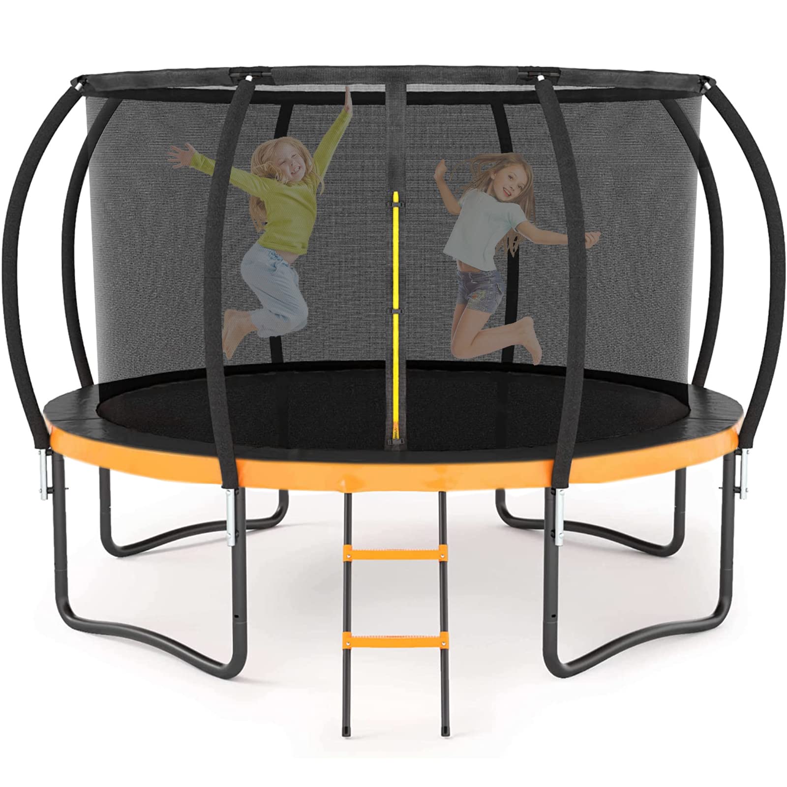 Liyarya Outdoor Trampoline, Recreational Trampolines for Kids/Adults with Enclosure Net Basketball Hoop, Sprinkler, Curved Poles and Ladder, Anti-Rust