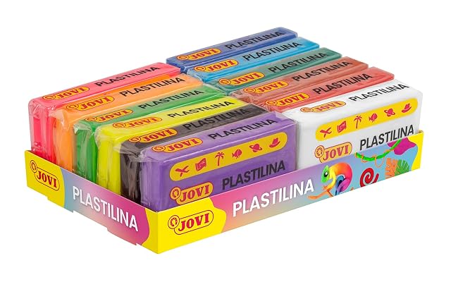 Jovi - Plastilina, 12 pastillas de 50 g en 8 colores básicos + 4 neón