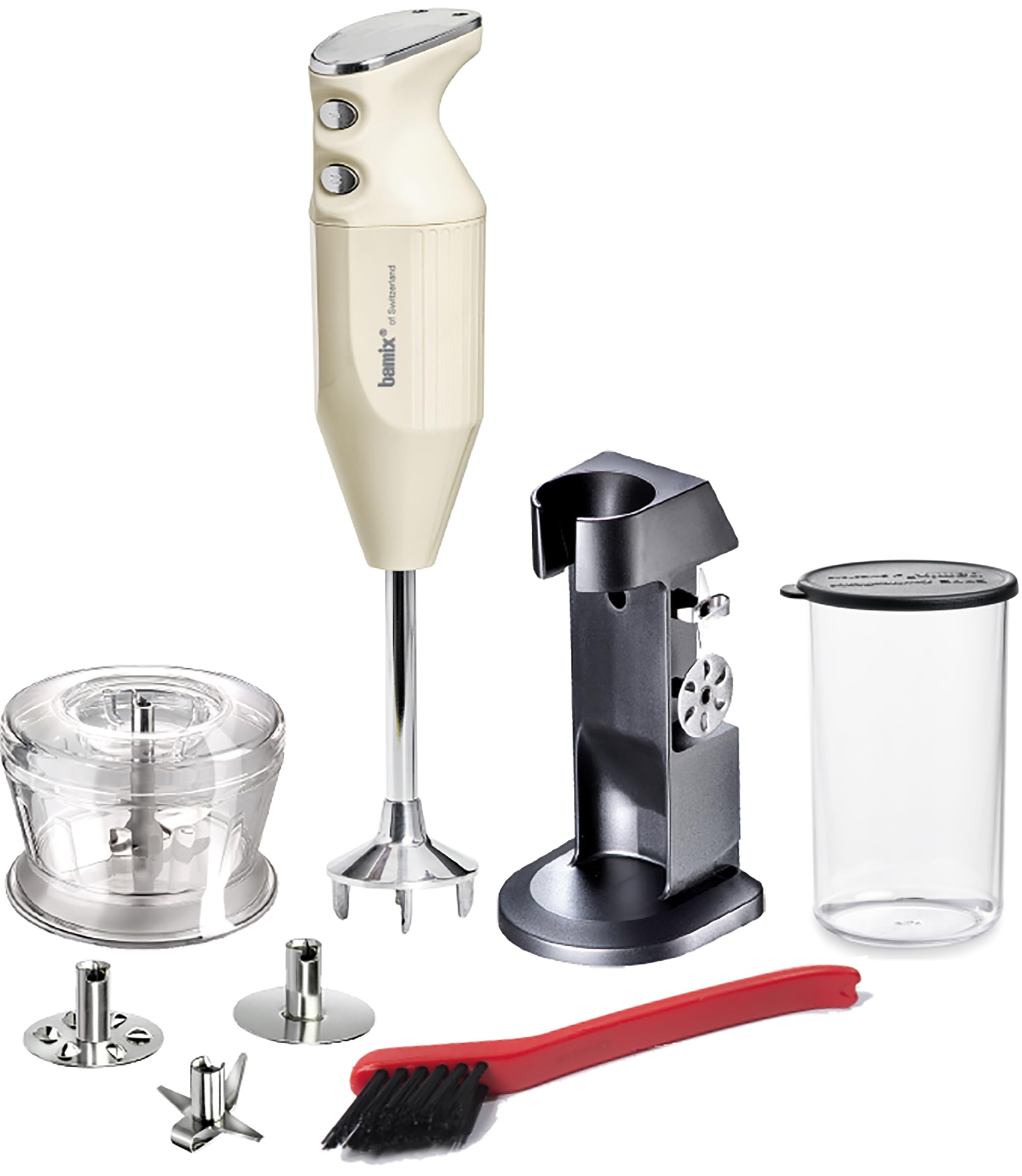 bamix Set frullatore a immersione M200 Chef's favorite incl. supporto, 1 bicchiere, 3 accessori, tritatutto, spazzola, 200 watt, Made in Switzerland, avorio/cromato