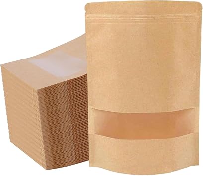 Paper Stand Up Pouches with Window - Zip Lock Reusable Food Storage Bags, 100 Pack