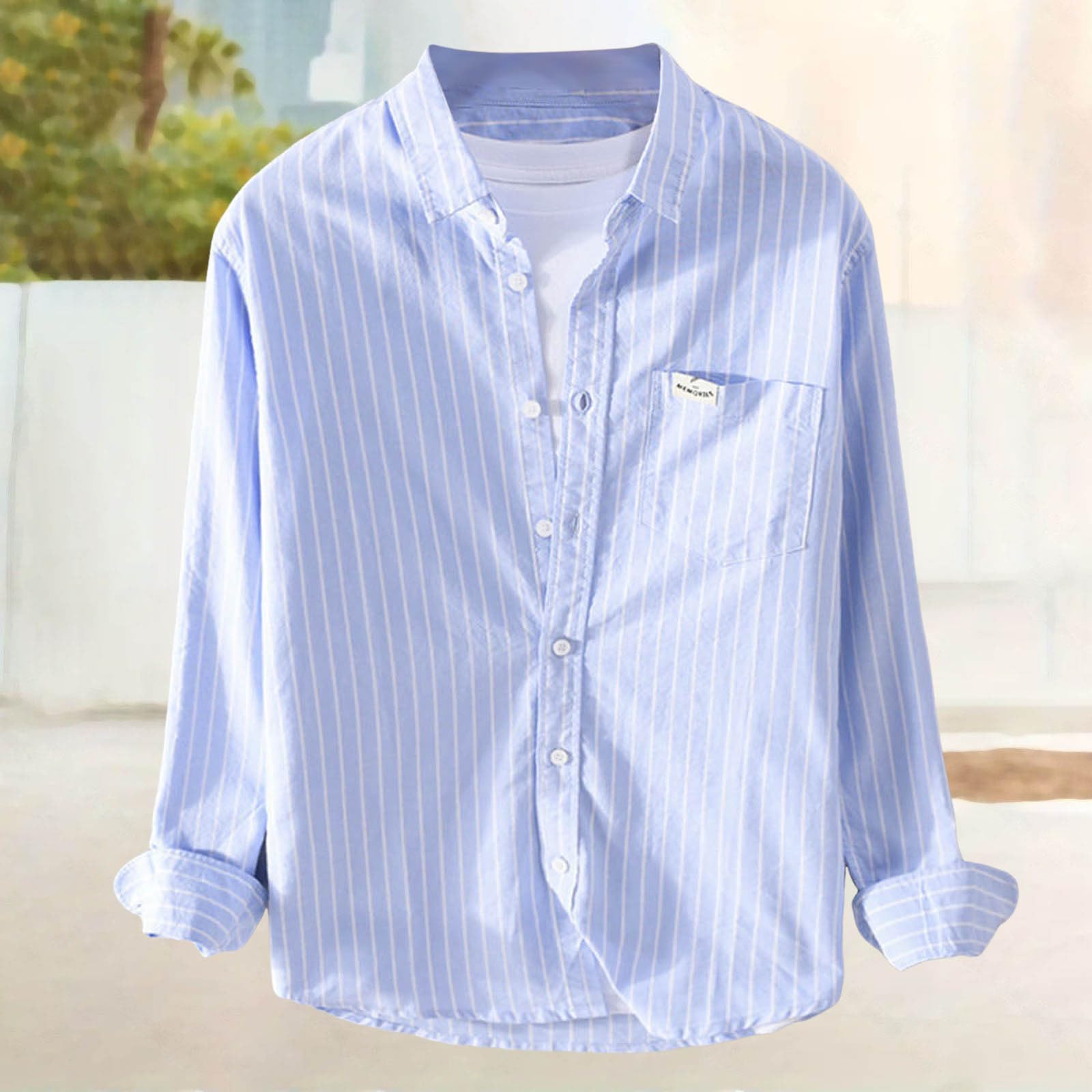 Camicia da uomo a maniche lunghe, per il tempo libero, verticale, a righe, con colletto a risvolto, casual, in cotone