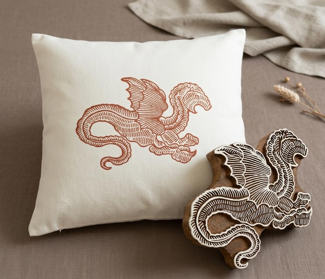 Wooden Printing Block Dragon Design for Fabric Stamping DIY Art