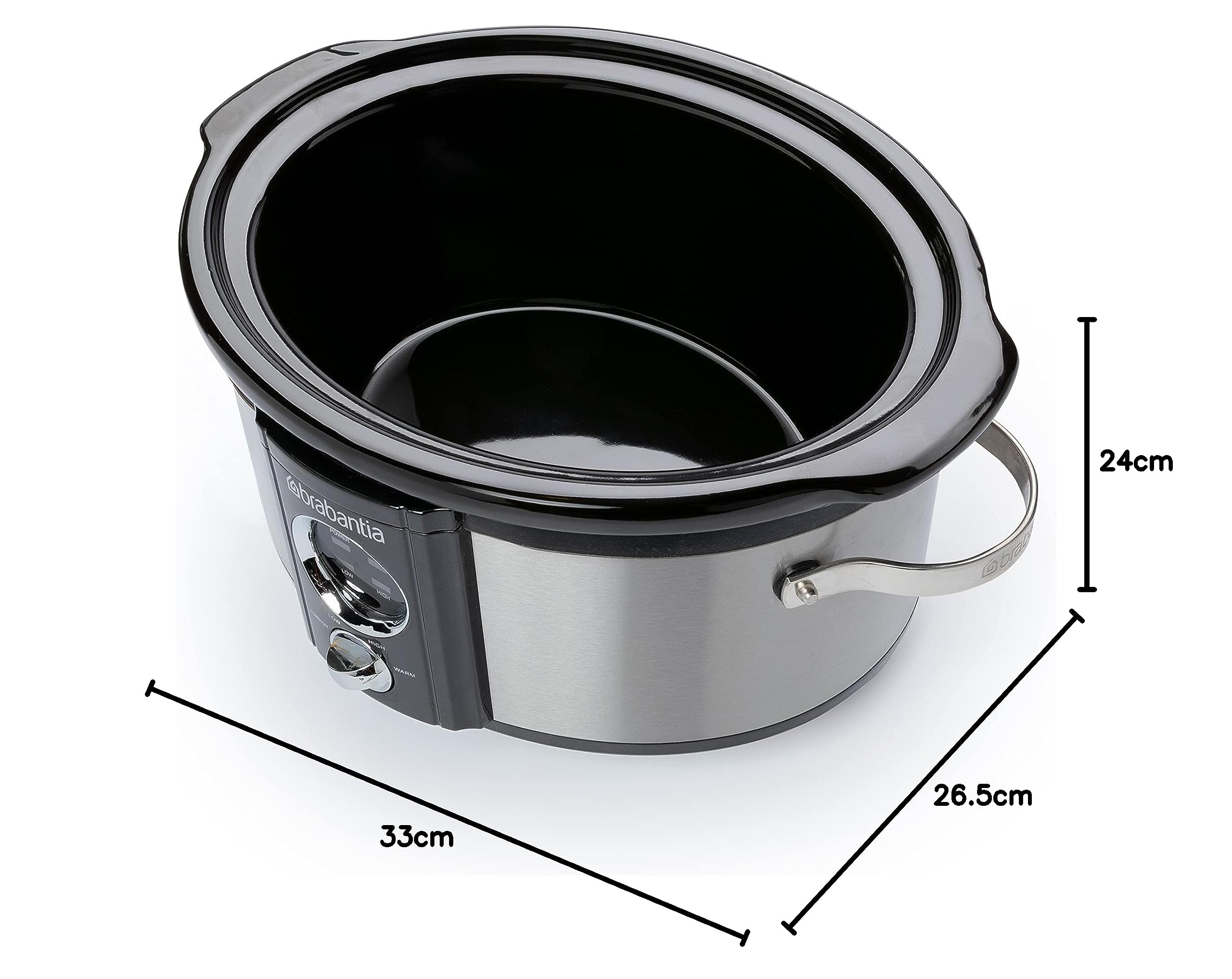 Brabantia Slow Cooker, 3.5 Literm Antihaftbeschichtung, drei verschiedene Heizstufen, Kontrollleuchte, abnehmbarer Topf, geeignet für 4 Personen, 180 Watt, Edelstahl, BBEK1081