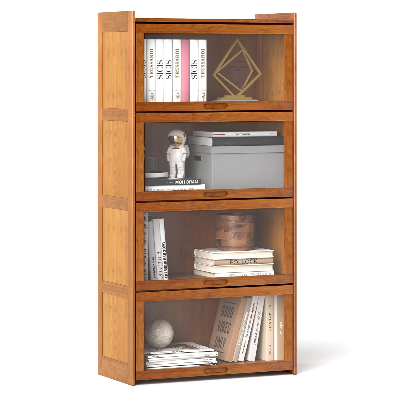 COSTWAY Librería de 4 Niveles, Estantería para Libros con Puertas Acrílicas Transparentes, Organizador de Cubos Independiente para Sala de Estar, Dormitorio, Estudio, 69 x 34 x 140 cm (Marrón)