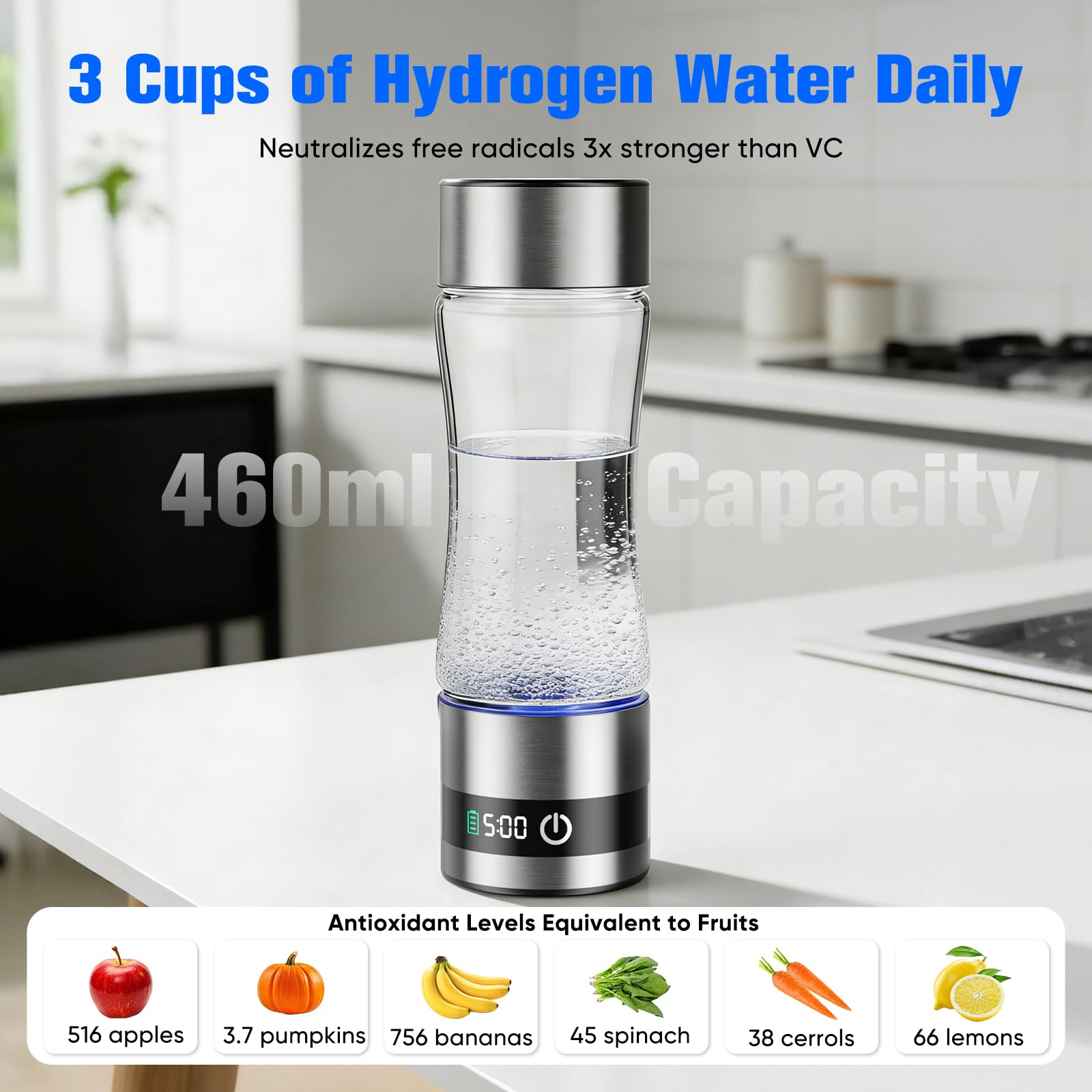 Bouteille d'eau hydrogénée avec affichage numérique, 460 ml Bouteille d'eau hydrogénée portable en verre avec technologie 5200 PPB & SPE, eau riche en hydrogène en 5 minutes (5200 PPB - 460 ml)