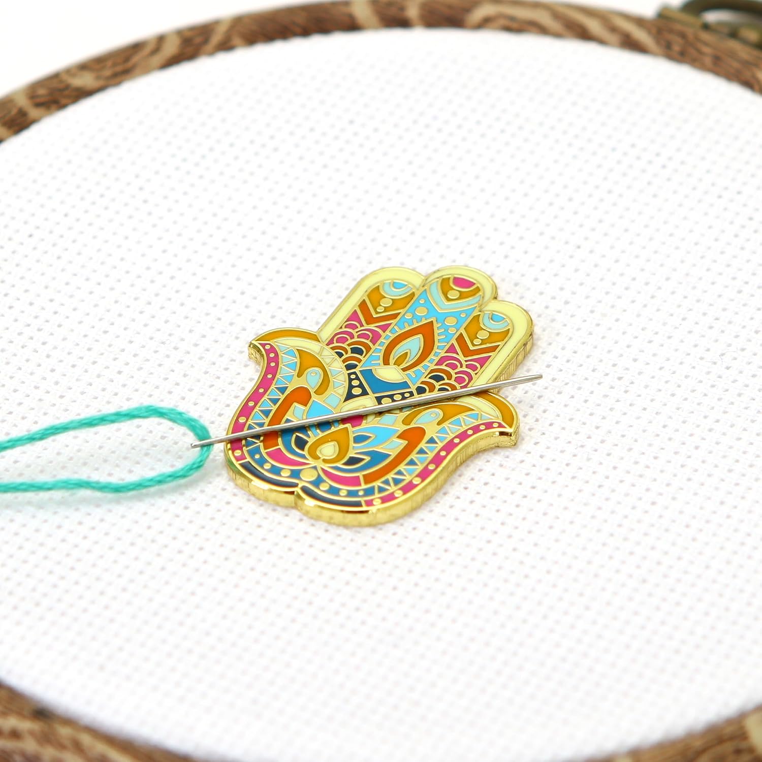 Needle Minder Set - Mandala Hand Magnetic Needle Minder + 2 Needle Threaders + Crane Scissors. Enamel Pin for Cross Stitch, Embroidery and Craft