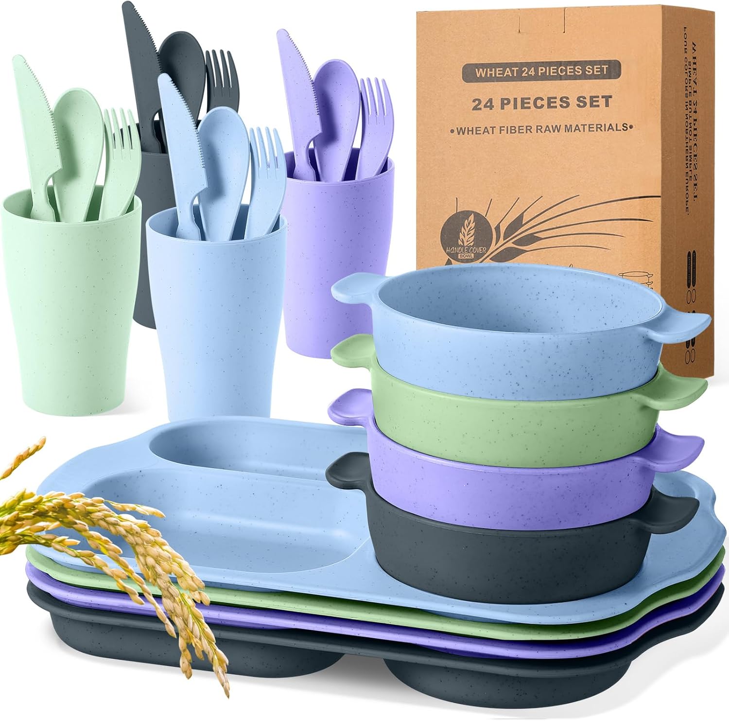 24 Pcs Wheat Straw Dinnerware Cutlery Set for Kids Toddler Aldult Including Divided Plates Microwave Dishwasher Safe Bowl Unbreakable Tableware Straw Cutlery Spoon Knife Fork(Assorted Color)