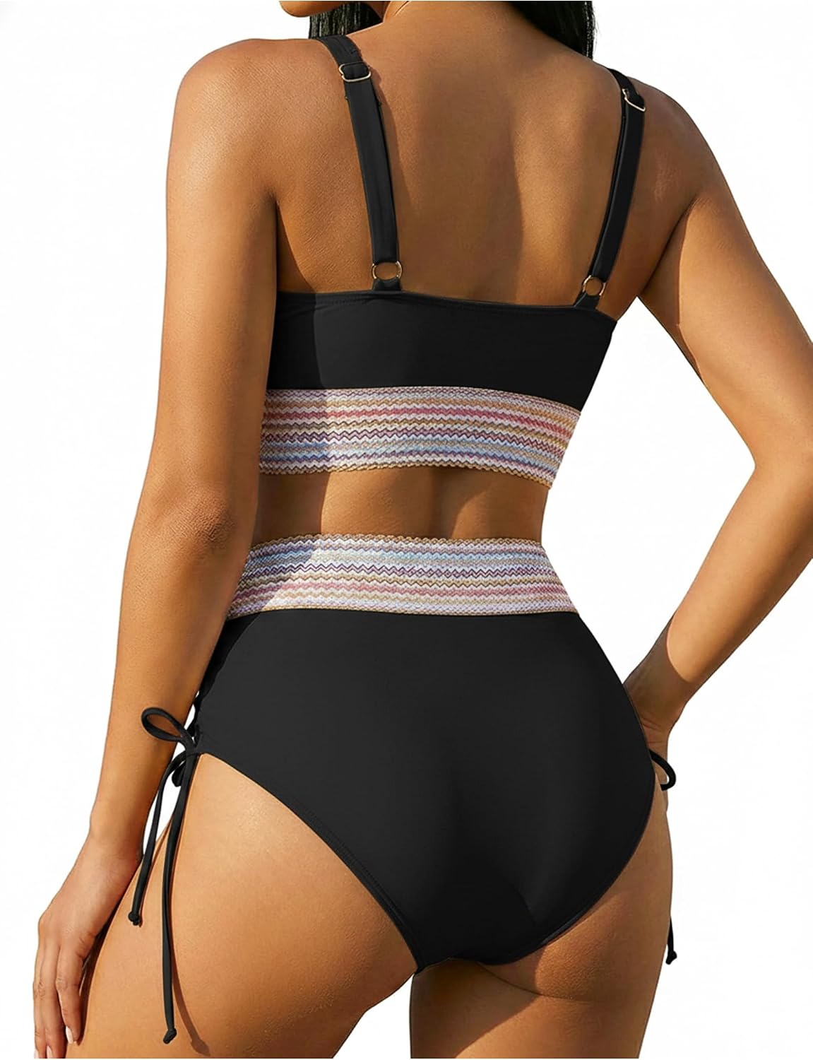 Buauty High Waisted Bikini Sets for Women Tummy Control Color Block V Neck Two Piece Swimsuit Ruched Side Drawstring