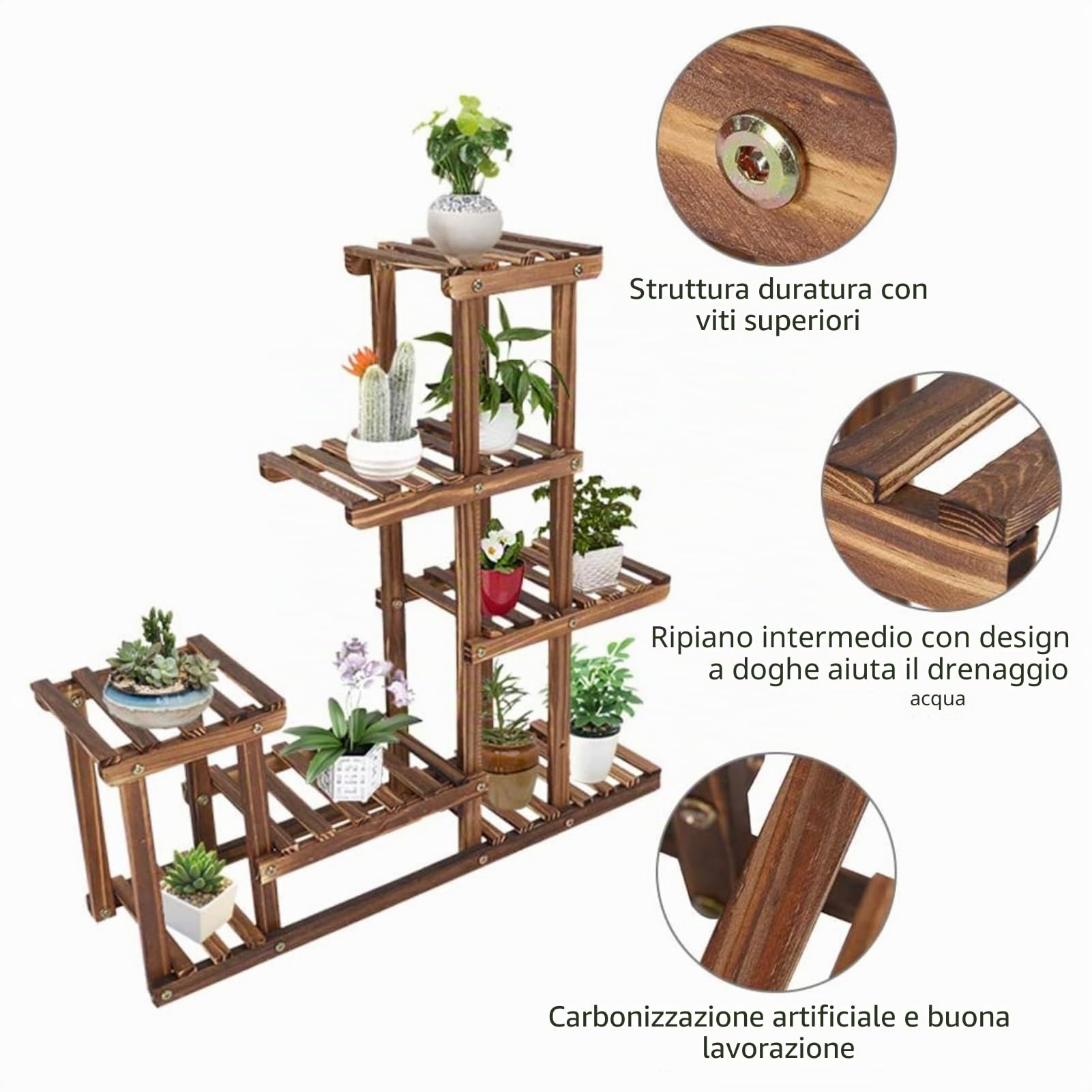 Greensen Scaffale Porta Piante Vasi Fiori in Legno, Supporto per Piante Mensole 6 Ripiani Portapiante per Soggiorno, Balcone, Giardino, 72 x 72 x 20 cm
