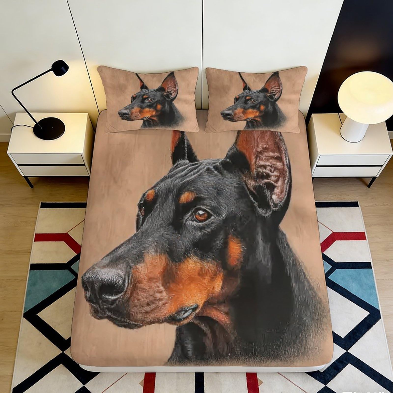 3D Printed Doberman Pattern Fitted Sheet Microfiber Deep Pocket Non-Slip Bedroom Bedding Doberman Mattress Fitted Cover Washable 140x200x25cm