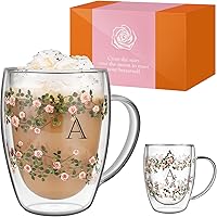 Aoshin Personalized Rose-A Initial 12oz Double Wall Glass Coffee Mug with Silk Scarf - Elegant Gift for Women, Mom, Birthday, Christmas