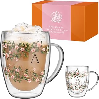 Aoshin Personalized Rose-A Initial 12oz Double Wall Glass Coffee Mug with Silk Scarf - Elegant Gift for Women, Mom, Birthday, Christmas
