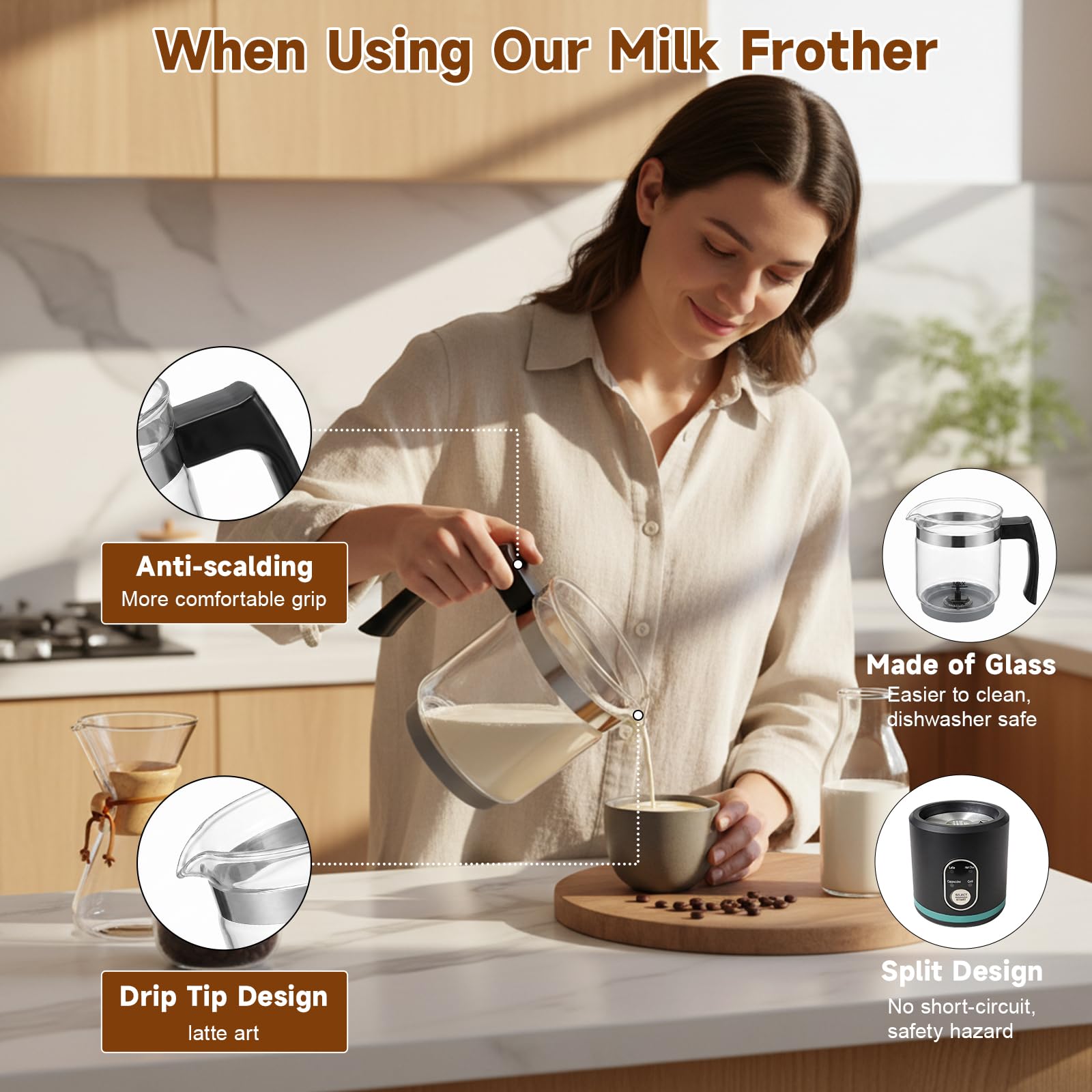 Espumador de Leche Eléctrico, Calentador de Leche 4 en 1 para Espuma Caliente y Fría, Silencio Apagado Automático Espumador Leche Electrico para Latte, Cappuccino, Chocolate Caliente