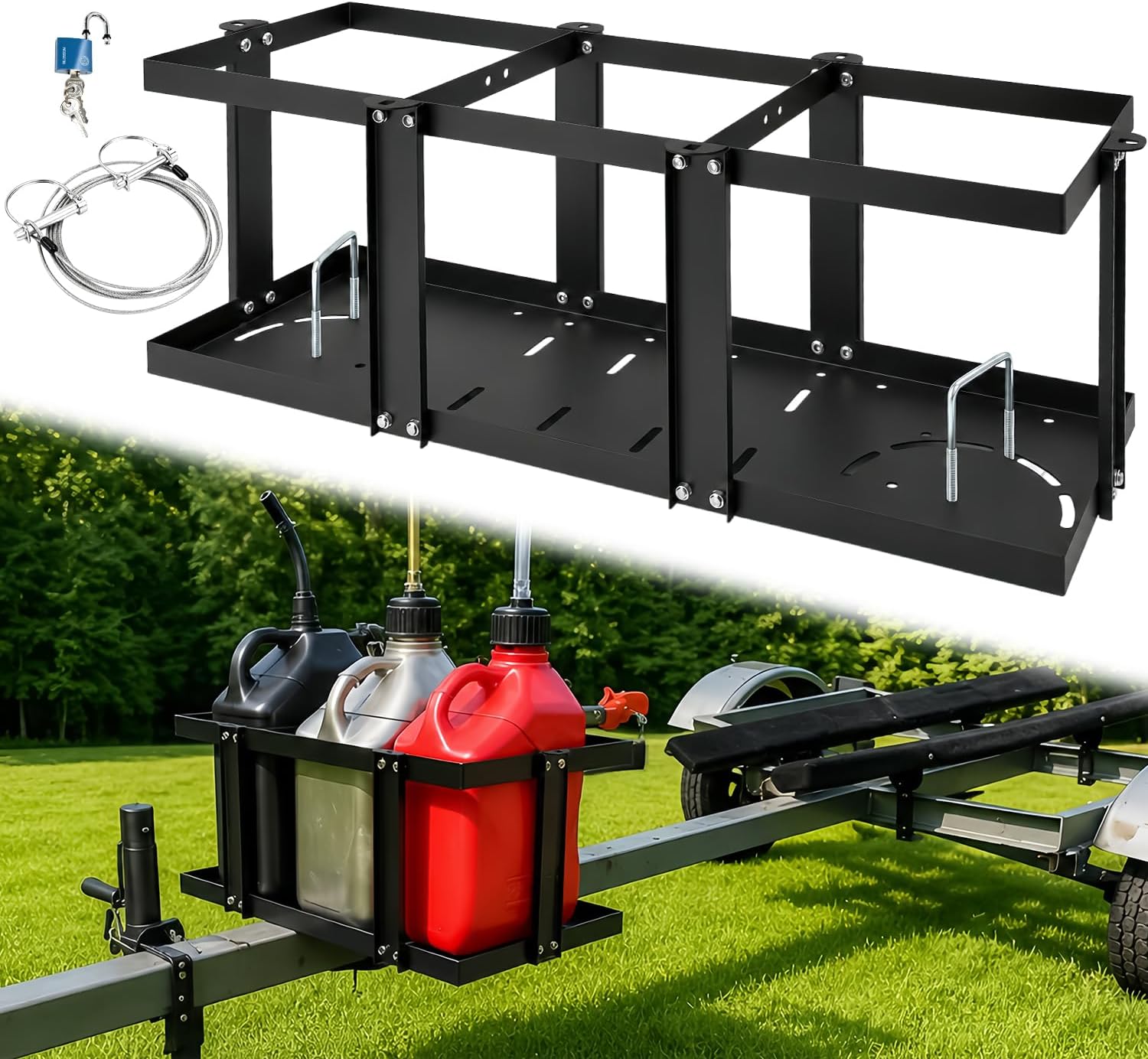 Gas Can Holder for Trailer, Fuel Jug Holder, with 6 Fixed Columns and Locking Straps, Fit for Holding three 5 to 5.5 Gallon Gas Cans（Compatible with VP Racing 5.5 Gallon Fuel Cans） (Triple oil drum support)