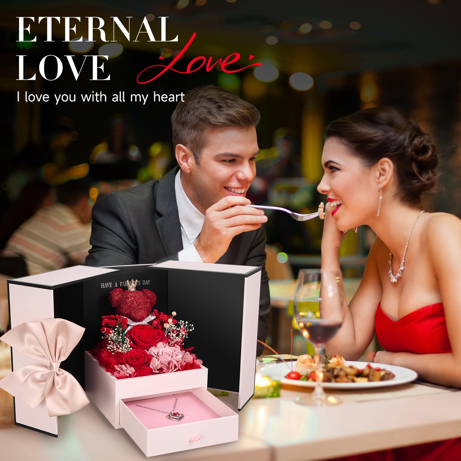 Rose Eternelle Cadeau pour Femme pour la Fête des Mères | Roses Uniques Conservées Fleurs avec Ours Rose et Collier Cadeaux pour Maman,Épouse,Grand-Mère | Anniversaire,Fête des Mères,Anniversaire