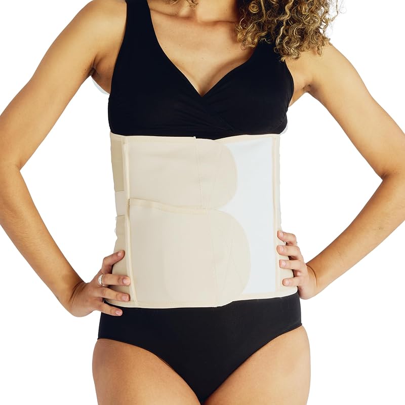 Luxe Postpartum Adjustable Compression Belly Wrap Nude | Abdominal Compression Wrap with 5 Targeted Compression Panels, Support for Natural Birth or C-Section, Medium, Almond