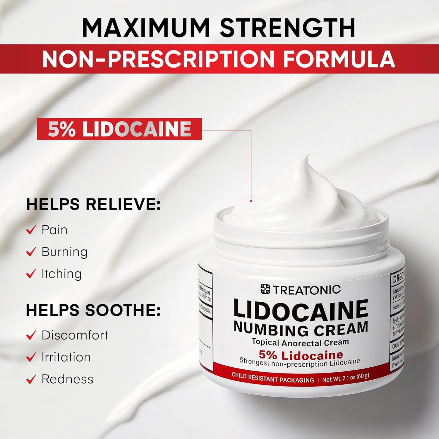 Treatonic 5% Lidocaine Numbing Cream: Lidocaine Cream Maximum Strength for Pain Relief, Itching, Burning, Soreness, Hemorrhoid - Fast Acting & Long Lasting Numbing Cream- 2.1 oz (2-Pack)