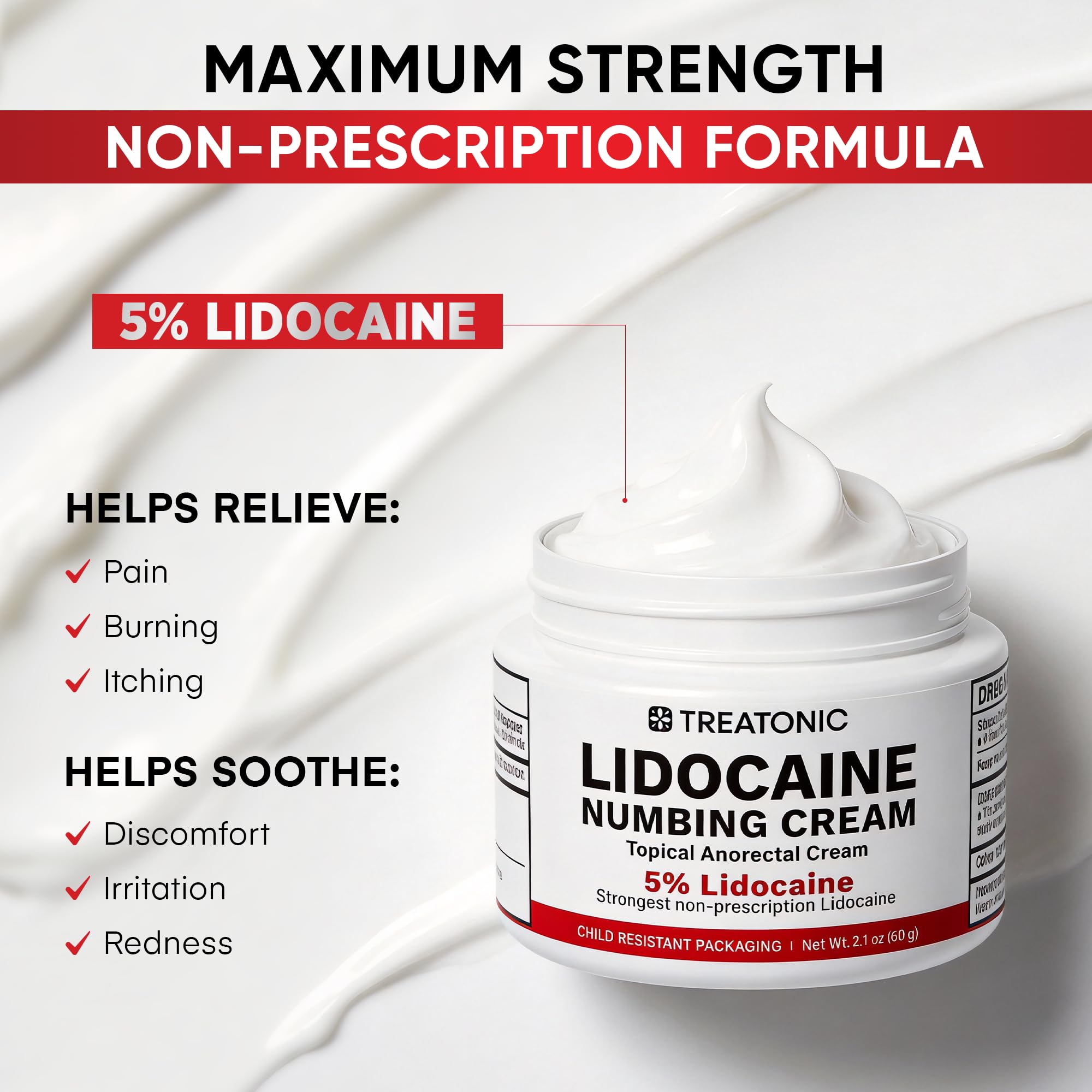 Treatonic 5% Lidocaine Numbing Cream: Lidocaine Cream Maximum Strength for Pain Relief, Itching, Burning, Soreness, Hemorrhoid Treatment - Fast Acting & Long Lasting Numbing - 2.1 oz — Amazon image 3