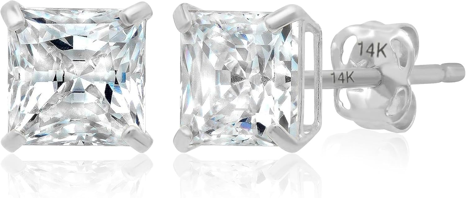 14K Gold Princess Cut CZ Stud Earrings for Women & Men | Anti Tarnishing Cubic Zirconia Earrings Studs with 14K Gold Butterfly Backs | 4MM 5MM 6MM 7MM CZ Gold Earrings by MAX + STONE