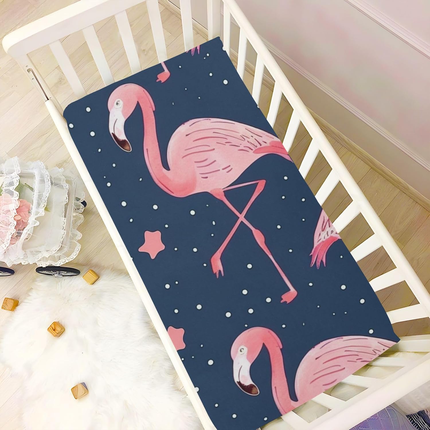 Crib Sheets Baby for Boys Girls Breathable Neutral Toddler Bed Sheets for Standard Size Toddler Mattress 39x27 Inch Deep Blue Flamingos and Stars
