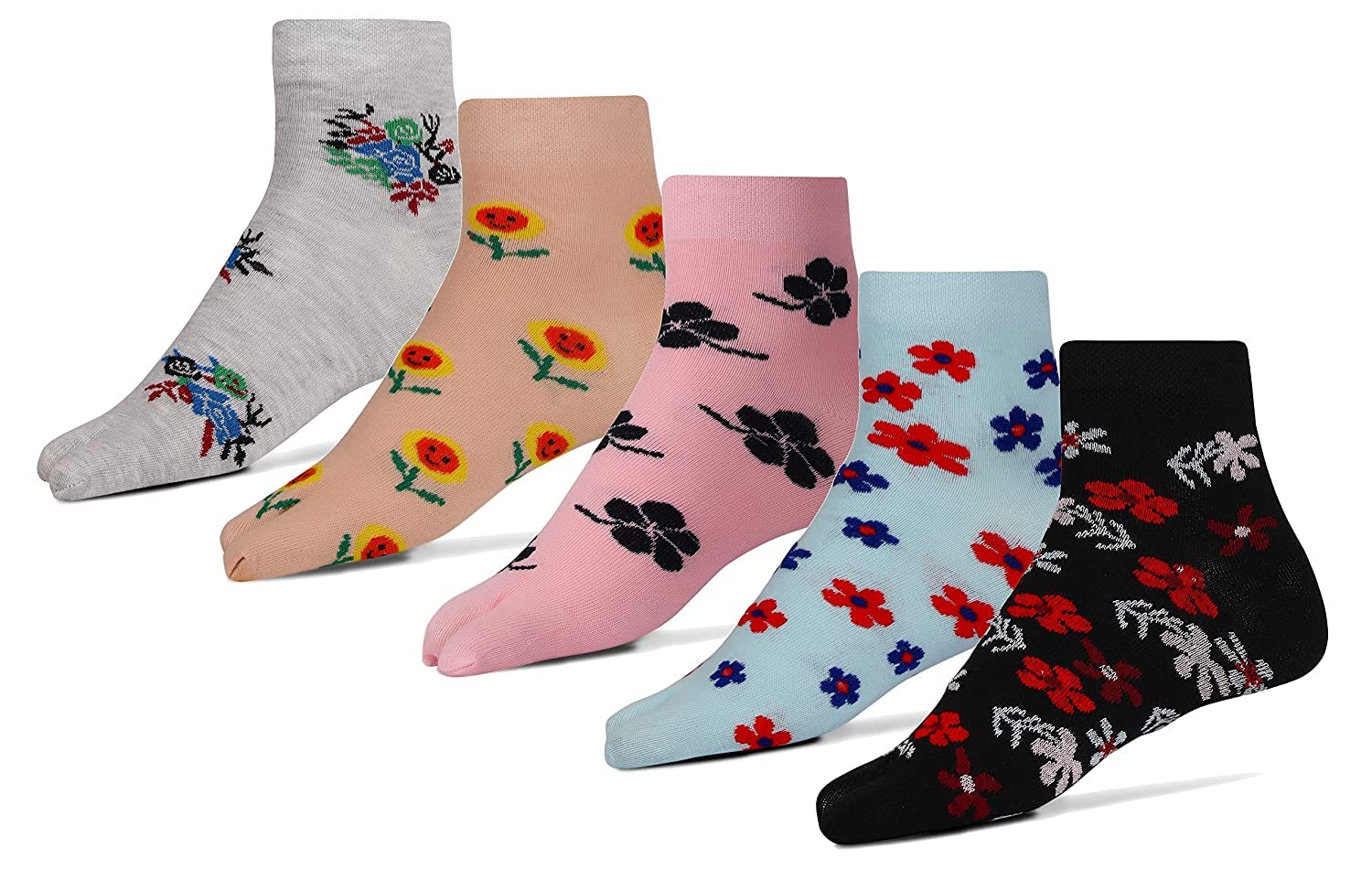 CASSOWARY® Women's Ankle Length Pure Cotton Thumb socks (pack of 5 pairs) (Multicolored, Free Size)