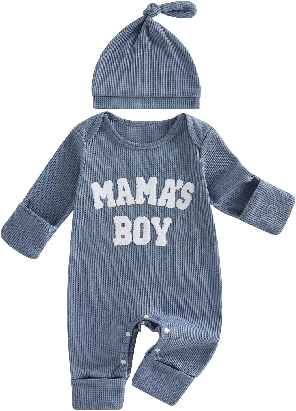 Sejardin Newborn Infant Baby Boy Fall Clothes Waffle Romper Letter Embroidery Long Sleeve Crew Neck Jumpsuit with Hat