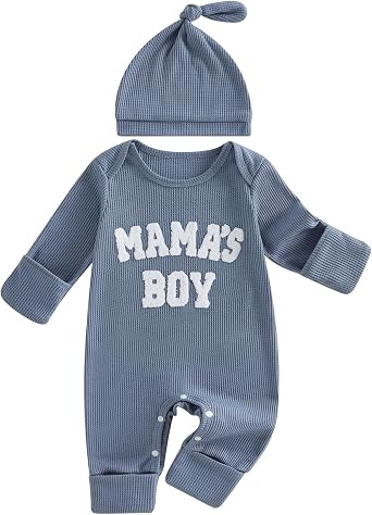 Sejardin Newborn Infant Baby Boy Fall Clothes Waffle Romper Letter Embroidery Long Sleeve Crew Neck Jumpsuit with Hat