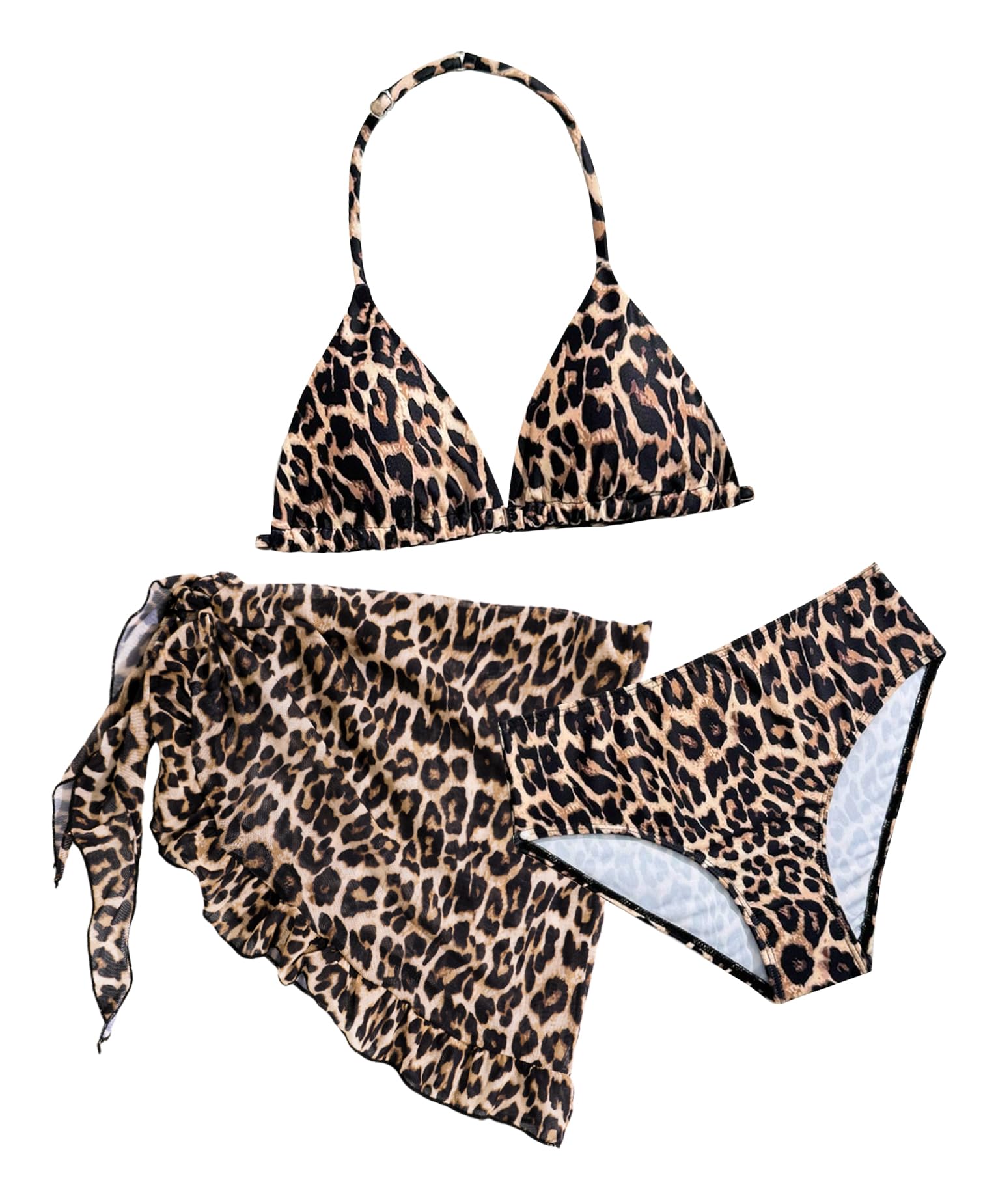 SEAUR Mädchen Bikini Set Leopardenmuster Blumen Triangel Bikini 3-teilig Badeanzug mit Rock Bademode Swimsuit für Kinder 8-12 Jahre