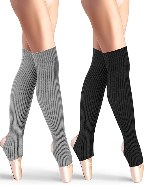 SATINIOR 2 Pairs Stirrup Leg Warmers Straight over the Knee Socks 21.65 Inch for Women (Black, Gray)