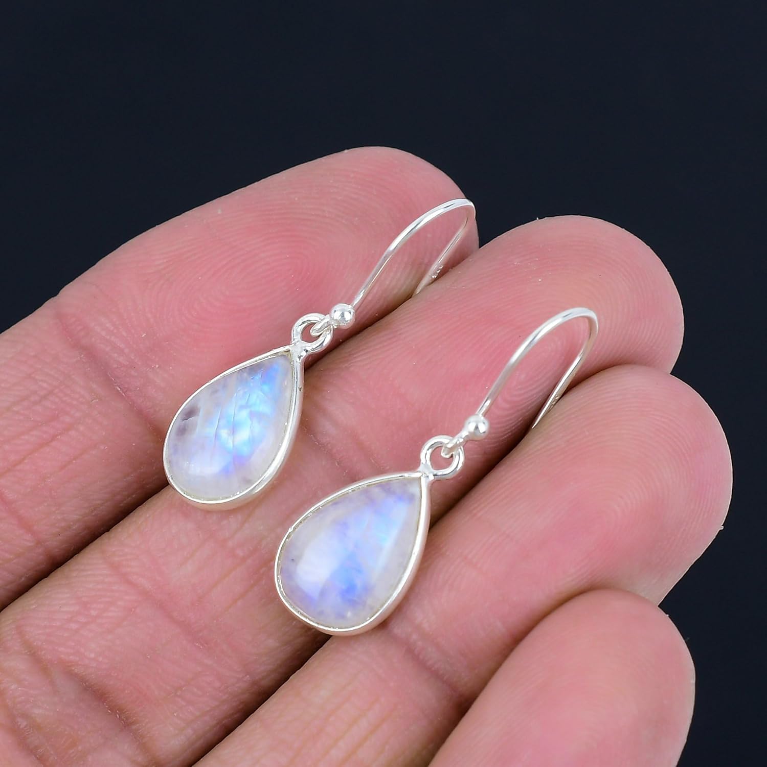 Silver Palace Sterling Silver Natural Rainbow Moonstone Drop Dangle Earrings for Womens