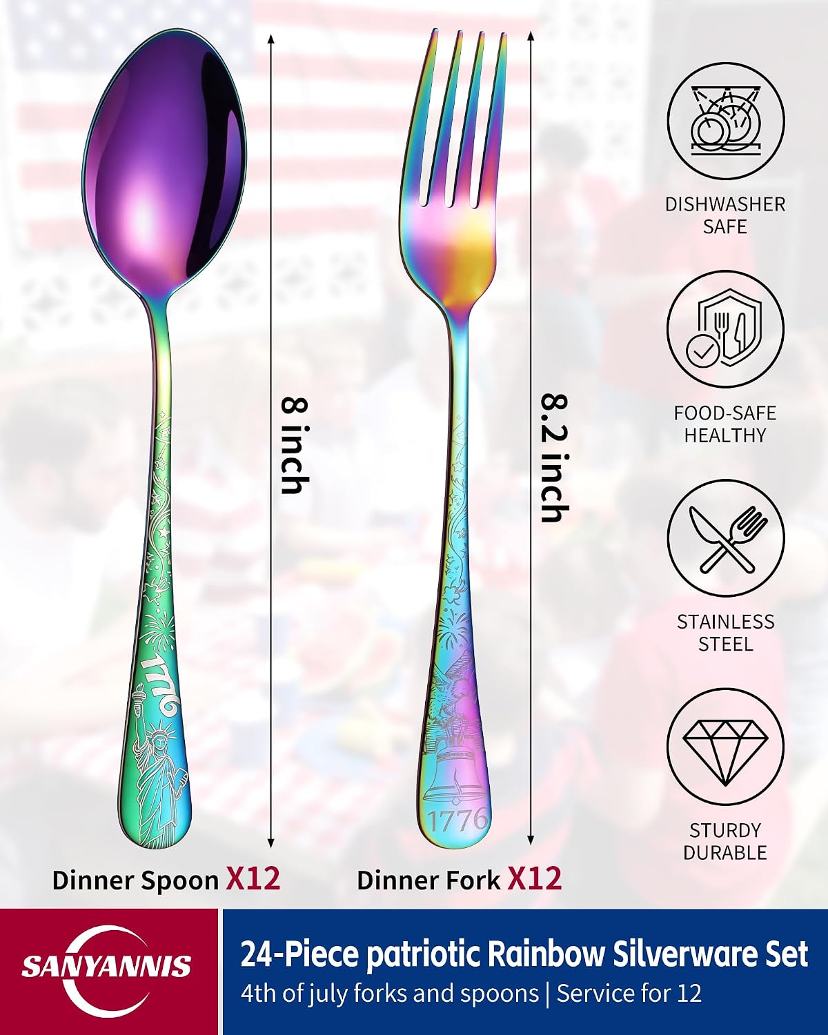 Patriotic Flatware Set 24-Piece,Laser Engraved Stainless Steel Forks and Spoons with Bald Eagle and Statue of Liberty, Reusable 4th of July Party Supplies, Independence Day BBQ Utensils for 12.