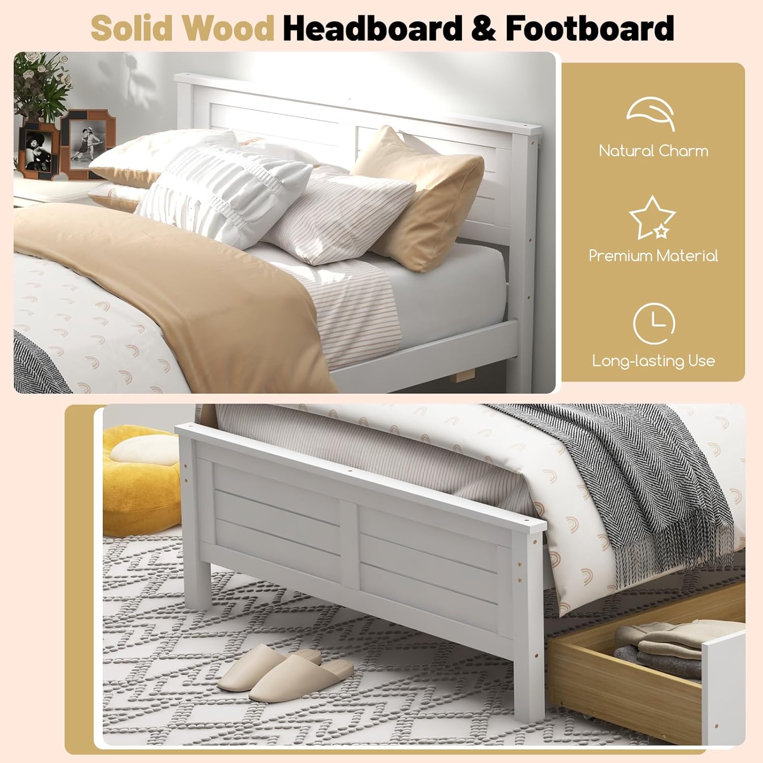 GOFLAME Twin Size Bed Frame with 2 Drawers, Platform Bed with Solid Wood Headboard & Footboard, Wood Slats Support Mattress Foundation, Under Bed Storage, No Box Spring Needed, Easy Assembly, White