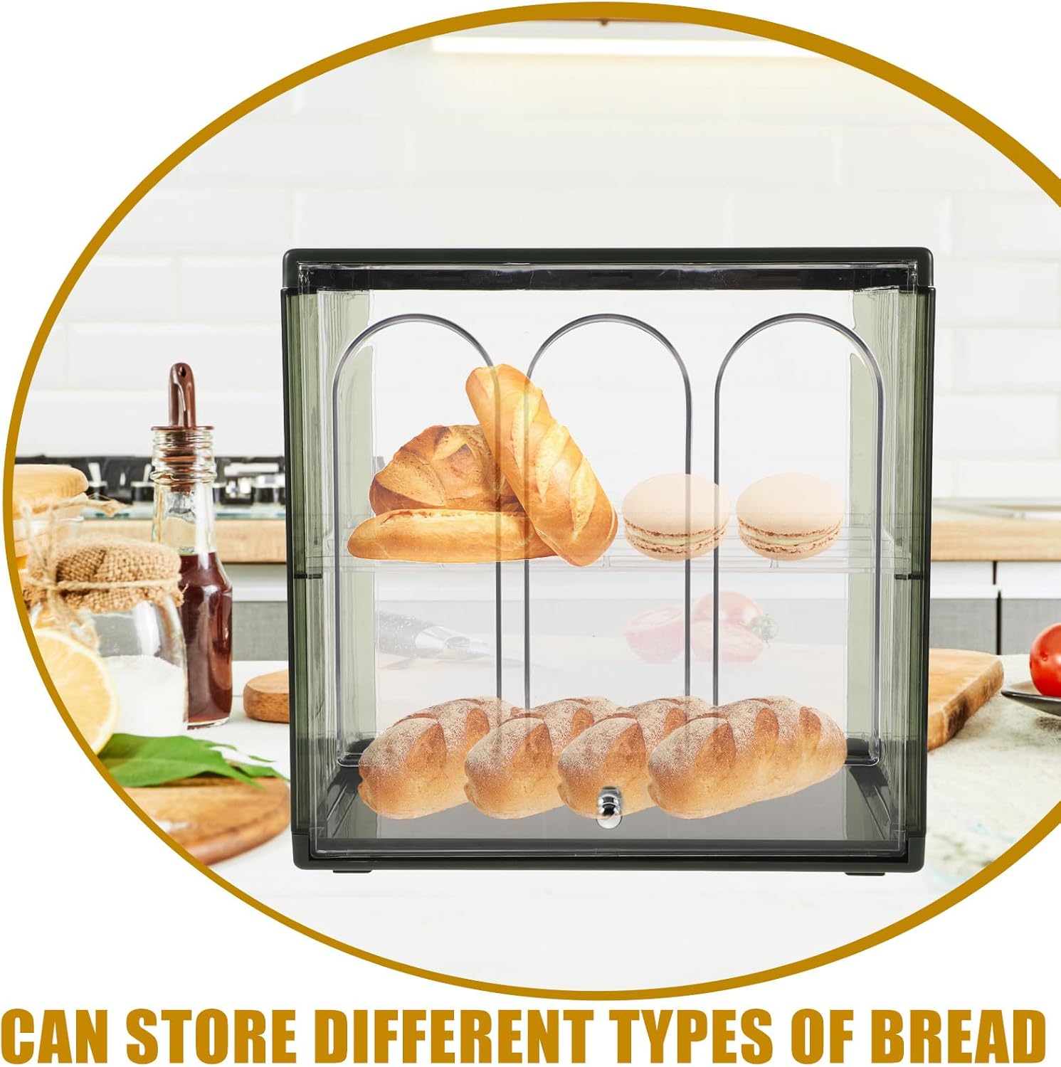 Amosfun Double Layer Bread Box with Window Green Bread Organizer for Kitchen Countertop Storage