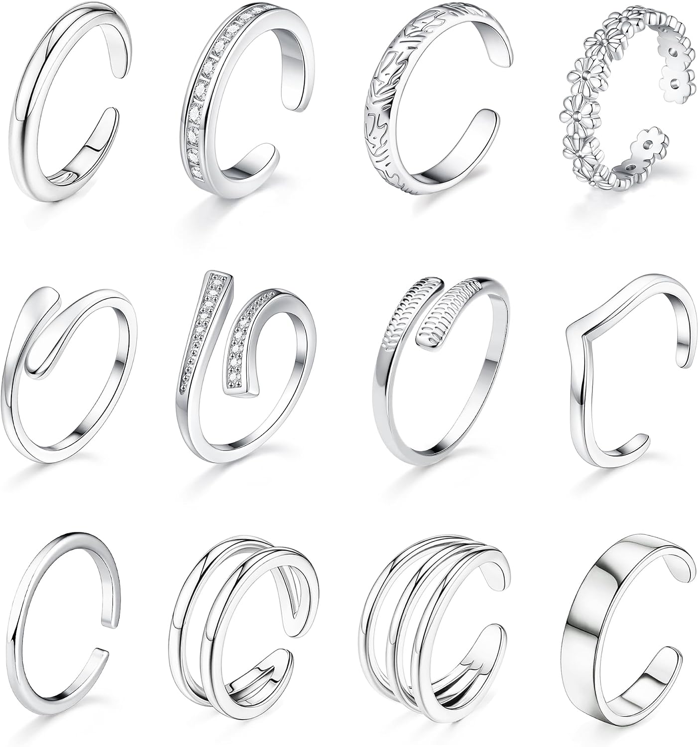 Giovanchi 12Pcs 14K Gold Filled Toe Rings for Women Non Tarnish Adjustable Flower Cz Open Toe Rings Set Foot Jewelry Gifts for Women