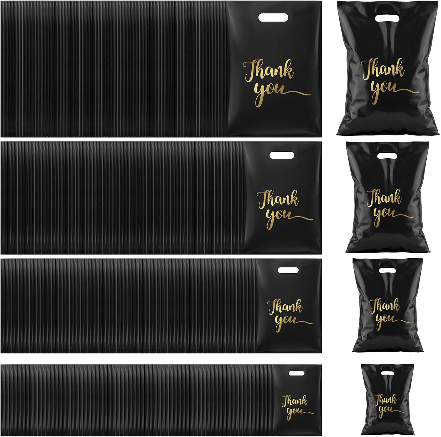 400 Pcs 4 Size Thank You Merchandise Bags, Extra Thick Plastic Retail Shopping Bags with Handles, Black Gift Bag for Small Business, Boutique, Party Favors, Grocery (4 Sizes, 100 Each)