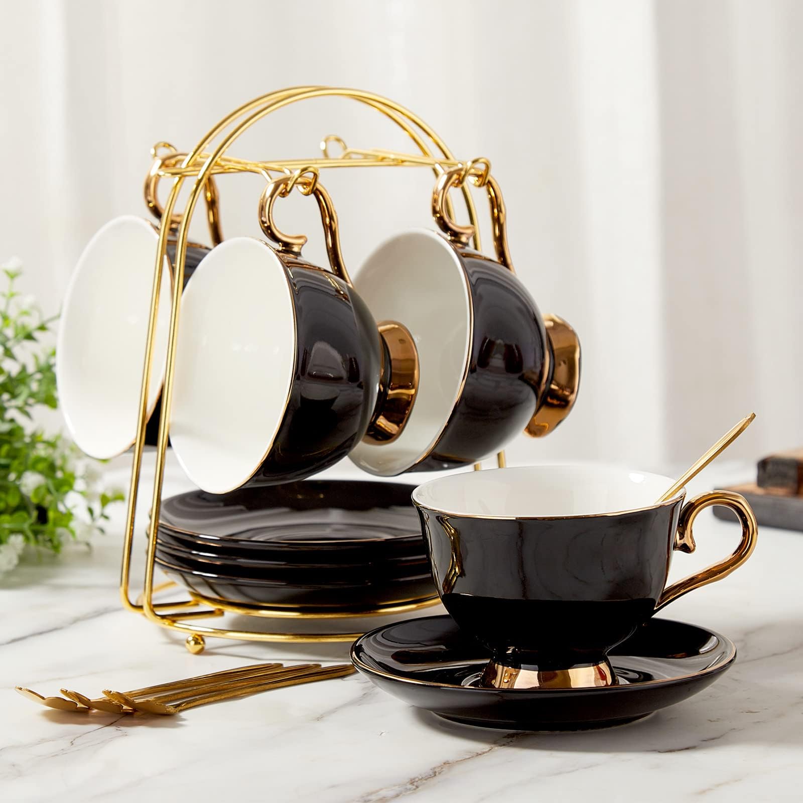 DUJUST Tea Cups and Saucers Set of 4 (220ml / 7.4oz), Luxury Tea Cup Set with Golden Trim, Black Coffee Cups with Metal Stand, British Porcelain Tea Party Set - Black