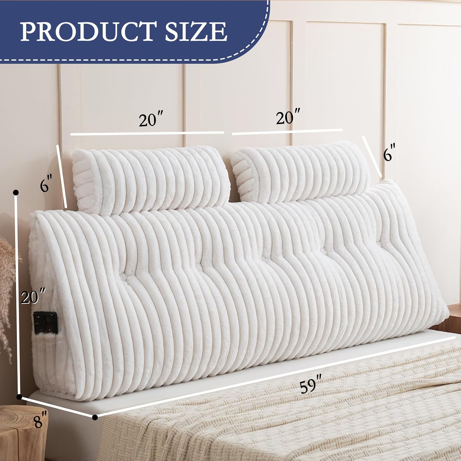 YOUR MOON Large Wedge Headboard Pillow Queen for Back with 2 Roll Pillows, Triangular Wedge Reading Pillows Headboard for Bed Sitting Up Sleeping, Backrest Cushion with Shredded Memory Foam, White