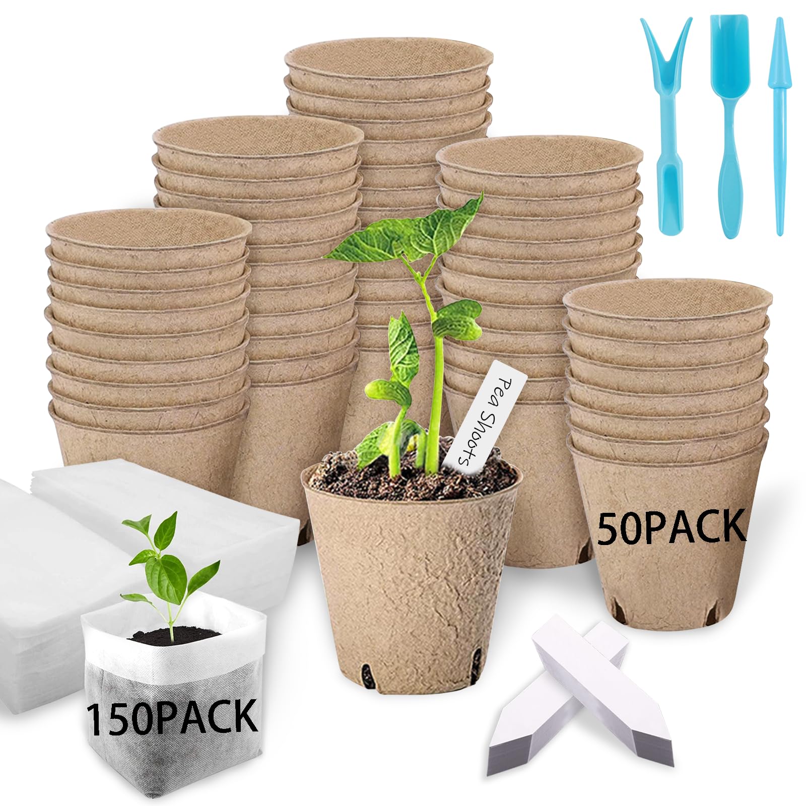 Kit démarrage de graines biodégradables de 203 pièces avec pots de tourbe et sacs de pépinière PLA