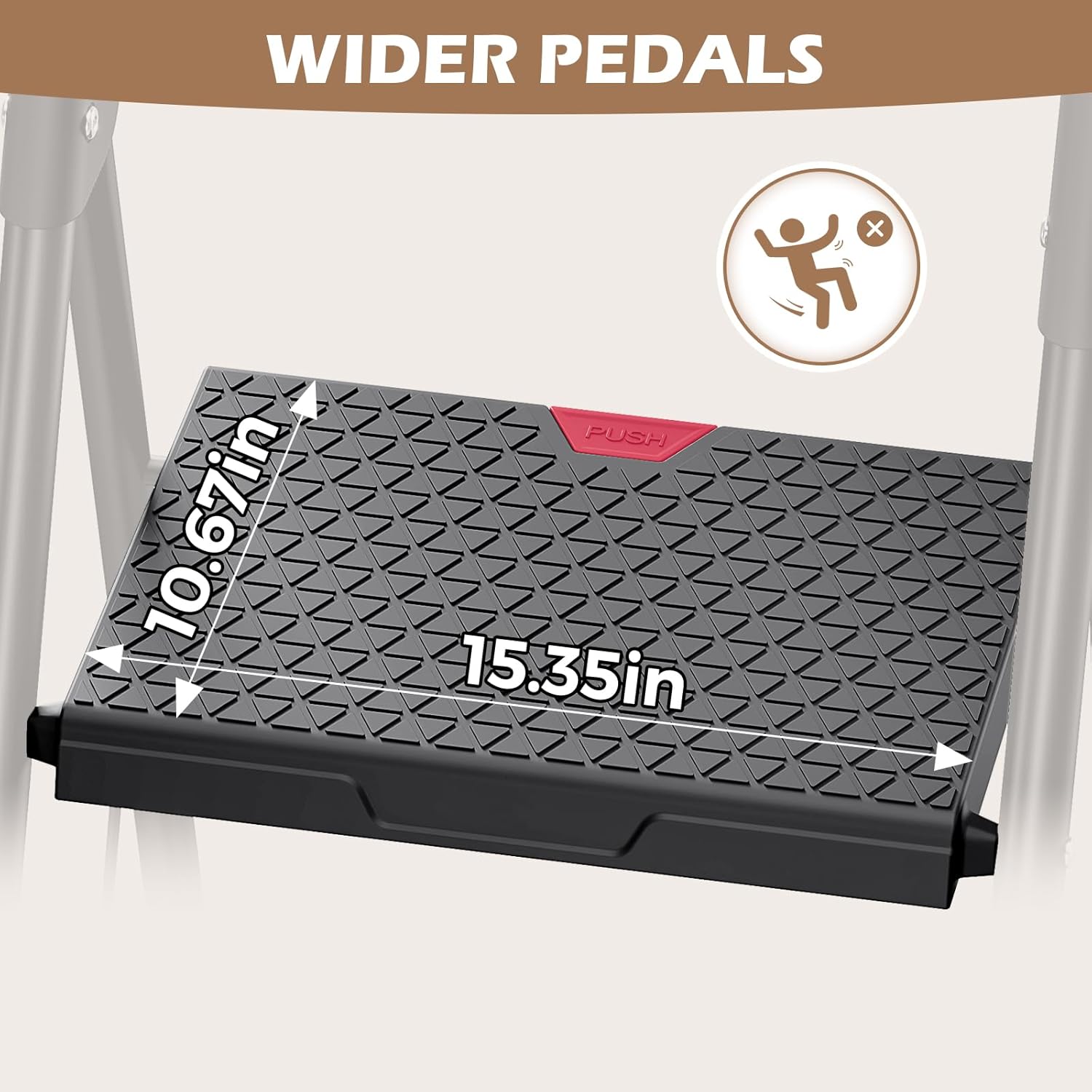 Close-up of a wide pedal with anti-slip texture and dimensions