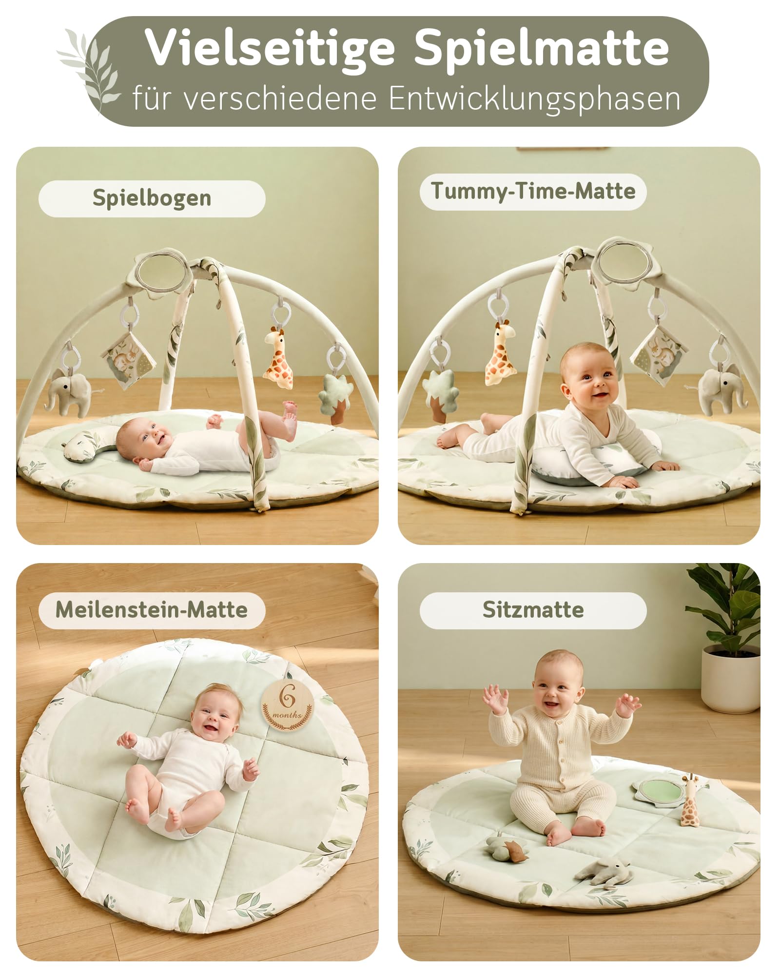 Fortella Spielbogen Baby, Spielmatte mit Bauchzeit Kissen und 5 Sensorik Spielzeug Abnehmbarem,Naturthemen Krabbeldecke für Babys ab der Geburt, Neugeborene & Kinder, 0-6-9-12 Monate-Salbeigrün